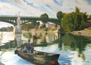 Painting titled "Pêcheur sur la Marne" by Jean-Louis Barthelemy, Original Artwork, Acrylic