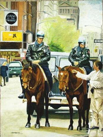 Картина под названием "Policiers à cheval,…" - Jean-Louis Barthelemy, Подлинное произведение искусства, Масло