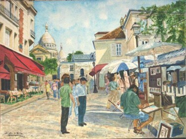 Painting titled "Montmartre, la plac…" by Jean-Louis Barthelemy, Original Artwork, Watercolor