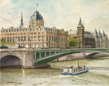 Painting titled "Le pont Notre-Dame,…" by Jean-Louis Barthelemy, Original Artwork, Watercolor