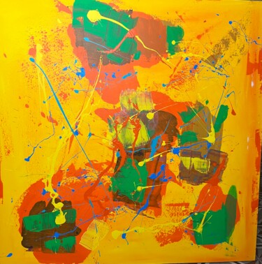 Malarstwo zatytułowany „Univers jaune” autorstwa Jean Louis Bourdon, Oryginalna praca, Akryl Zamontowany na Drewniana rama n…