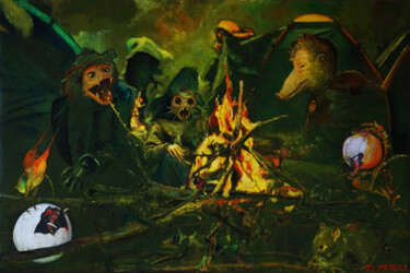 Peinture intitulée "Autour du feu" par Jean-Louis Manuel, Œuvre d'art originale, Huile Monté sur Châssis en bois