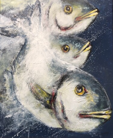Painting titled "3 poissons" by Jean Louis Renaudin, Original Artwork, Oil