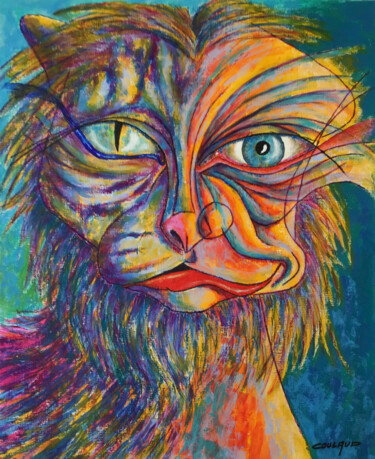 Painting titled "CHAT-MAN" by Jean-Luc Coulaud, Original Artwork, Acrylic