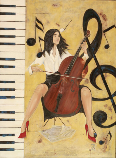 Painting titled "Notes Violoncelle" by Jean-Luc Gaillard, Original Artwork, Oil Mounted on Wood Stretcher frame