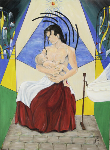 Pintura intitulada "Vierge à l'enfant" por Jean-Luc Gaillard, Obras de arte originais, Óleo Montado em Armação em madeira