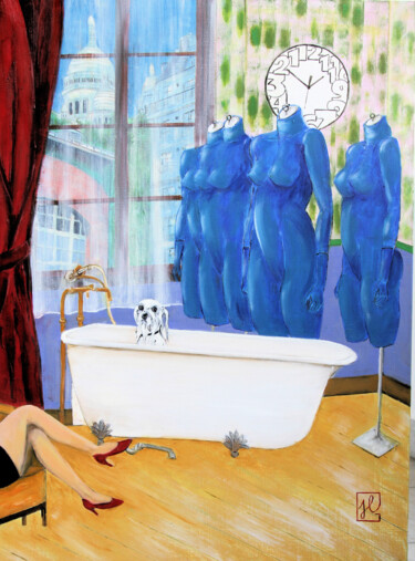Painting titled "L'heure du bain" by Jean-Luc Gaillard, Original Artwork, Oil Mounted on Wood Stretcher frame