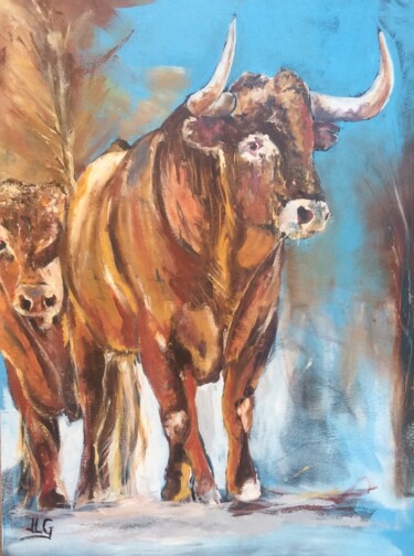 Peinture intitulée "Los toros en el cam…" par Jean-Luc Garcia, Œuvre d'art originale, Huile Monté sur Châssis en bois