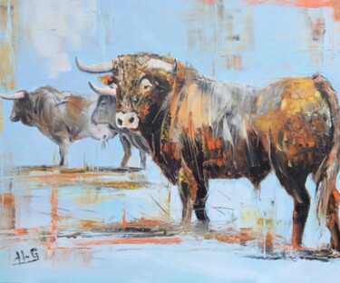 Pittura intitolato "Les trois toros" da Jean-Luc Garcia, Opera d'arte originale, Olio Montato su Telaio per barella in legno