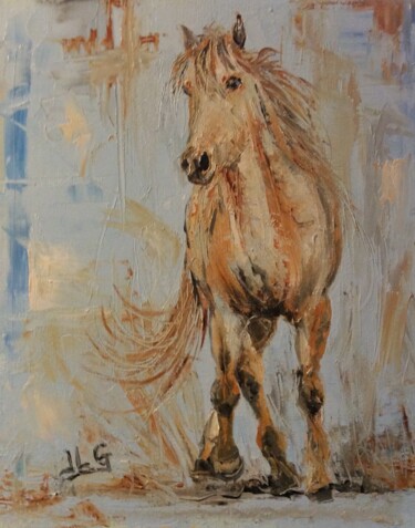 Painting titled "Cheval de Camargue…" by Jean-Luc Garcia, Original Artwork, Oil Mounted on Wood Stretcher frame