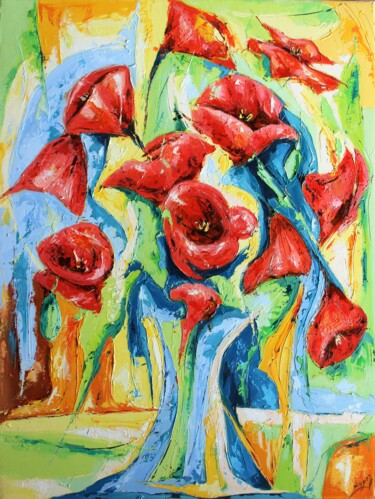 Painting titled "701 coquelicots" by Jean-Luc Lopez, Original Artwork, Oil Mounted on Wood Stretcher frame
