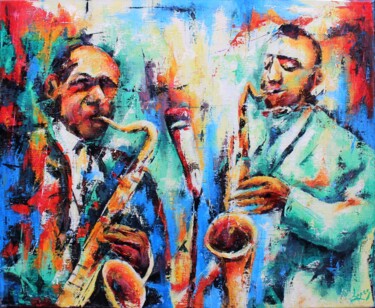 Schilderij getiteld "811 Saxophones" door Jean-Luc Lopez, Origineel Kunstwerk, Acryl Gemonteerd op Frame voor houten brancard
