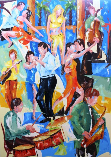 Painting titled "598 Tango café" by Jean-Luc Lopez, Original Artwork, Oil Mounted on Wood Stretcher frame