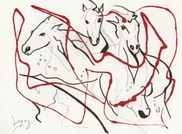 Dessin intitulée "Lignes de chevaux 1" par Jean-Luc Lopez, Œuvre d'art originale, Encre