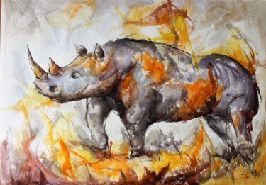 Malerei mit dem Titel "Rhinocéros dans la…" von Jean-Luc Lopez, Original-Kunstwerk, Tinte