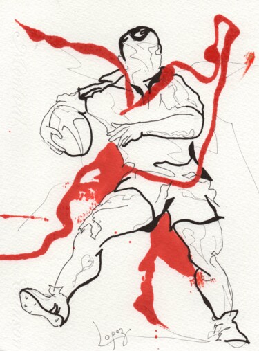 Dessin intitulée "29 Rouge rugby" par Jean-Luc Lopez, Œuvre d'art originale, Encre