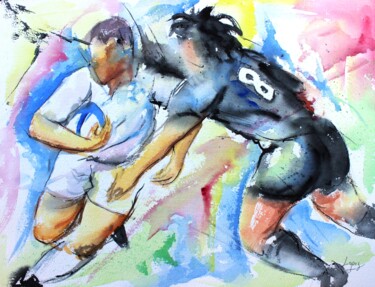 Painting titled "264 Rugby blanc et…" by Jean-Luc Lopez, Original Artwork, Watercolor