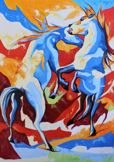 Peinture intitulée "1214 Danse d'étalons" par Jean-Luc Lopez, Œuvre d'art originale, Acrylique Monté sur Châssis en bois