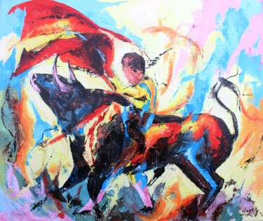 Painting titled "789 Corrida" by Jean-Luc Lopez, Original Artwork, Acrylic Mounted on Wood Stretcher frame