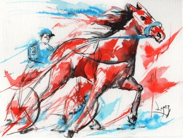 Schilderij getiteld "36 Cheval de course" door Jean-Luc Lopez, Origineel Kunstwerk, Inkt