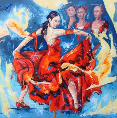 Painting titled "1227 Flamenco aux 3…" by Jean-Luc Lopez, Original Artwork, Oil Mounted on Wood Stretcher frame