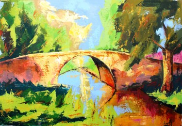 Painting titled "654 Pont de Roubia" by Jean-Luc Lopez, Original Artwork, Oil Mounted on Wood Stretcher frame