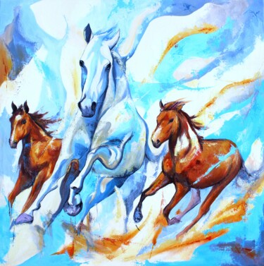 Painting titled "1239 Trois chevaux…" by Jean-Luc Lopez, Original Artwork, Acrylic