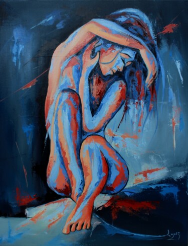 Painting titled "1415 Nue bleue" by Jean-Luc Lopez, Original Artwork, Oil Mounted on Wood Stretcher frame