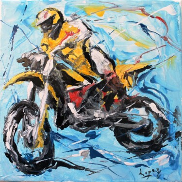 Painting titled "1434 : Motocross" by Jean-Luc Lopez, Original Artwork, Lacquer Mounted on Wood Stretcher frame