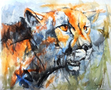 Painting titled "516 : La lionne" by Jean-Luc Lopez, Original Artwork, Ink