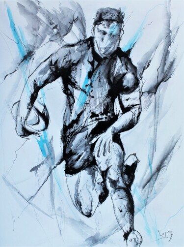 Painting titled "523 : Rugby bleu no…" by Jean-Luc Lopez, Original Artwork, Ink