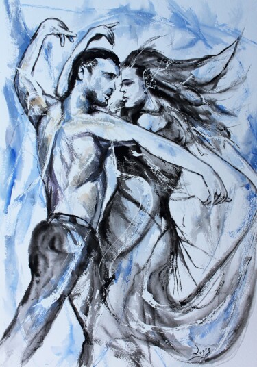 Pintura intitulada "528 Danse bleue" por Jean-Luc Lopez, Obras de arte originais, Aquarela