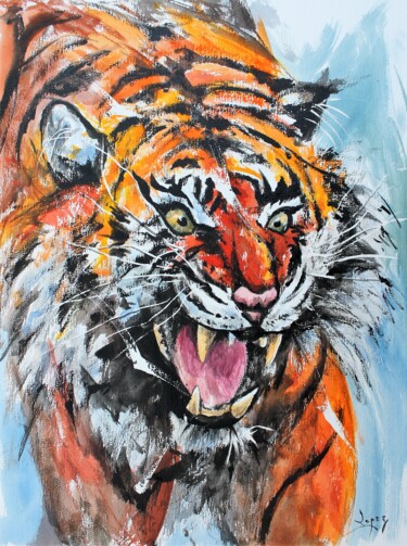 Malerei mit dem Titel "529 Faim de tigre" von Jean-Luc Lopez, Original-Kunstwerk, Tinte