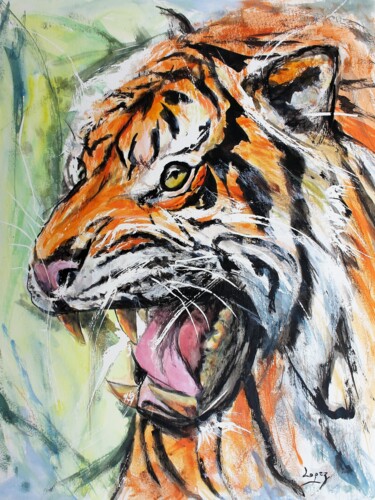 Painting titled "530 : Tigre rugissa…" by Jean-Luc Lopez, Original Artwork, Ink