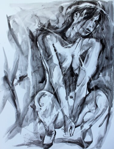Painting titled "531 : Nue accroupie" by Jean-Luc Lopez, Original Artwork, Ink