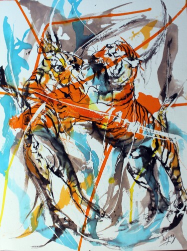 Schilderij getiteld "541 : Combat de tig…" door Jean-Luc Lopez, Origineel Kunstwerk, Inkt