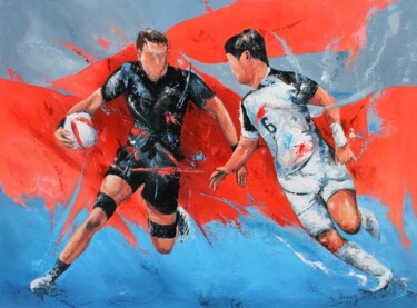 Painting titled "1471 Rugby en suspe…" by Jean-Luc Lopez, Original Artwork, Acrylic Mounted on Wood Stretcher frame