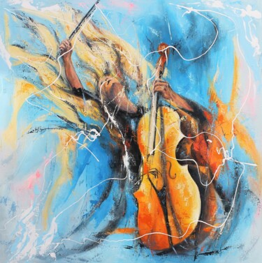 Painting titled "Violoncelle de feu" by Jean-Luc Lopez, Original Artwork, Acrylic Mounted on Wood Stretcher frame