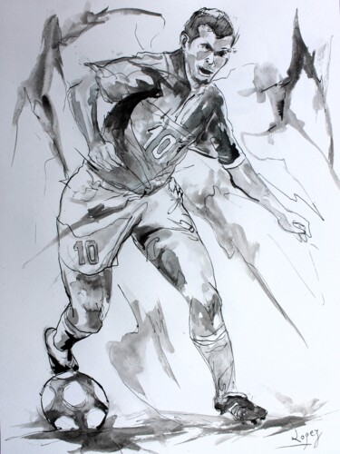 Painting titled "627 - 10 du football" by Jean-Luc Lopez, Original Artwork, Ink