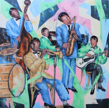 Painting titled "1643 Quintet de jazz" by Jean-Luc Lopez, Original Artwork, Acrylic Mounted on Wood Stretcher frame