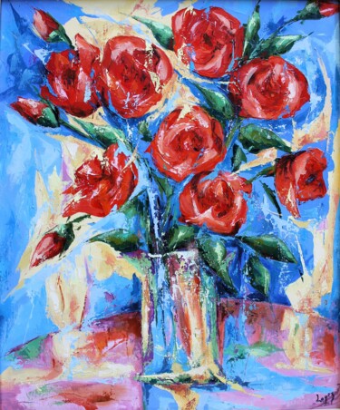 Painting titled "599 Bouquet de roses" by Jean-Luc Lopez, Original Artwork, Oil Mounted on Wood Stretcher frame