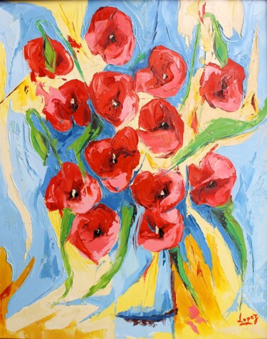 Painting titled "600 Coquelicots" by Jean-Luc Lopez, Original Artwork, Oil Mounted on Wood Stretcher frame