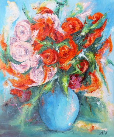 Painting titled "Bouquet de roses an…" by Jean-Luc Lopez, Original Artwork, Oil Mounted on Wood Stretcher frame