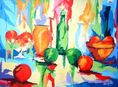 Painting titled "Bouteille aux pommes" by Jean-Luc Lopez, Original Artwork, Acrylic Mounted on Wood Stretcher frame