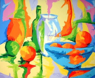Painting titled "Pommes dans plat bl…" by Jean-Luc Lopez, Original Artwork, Oil