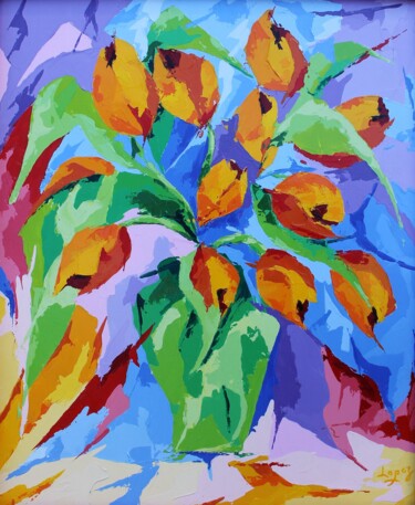 Painting titled "380 Tulipes oranges" by Jean-Luc Lopez, Original Artwork, Acrylic Mounted on Wood Stretcher frame