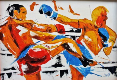Painting titled "556 Boxe thaï" by Jean-Luc Lopez, Original Artwork, Oil Mounted on Wood Stretcher frame