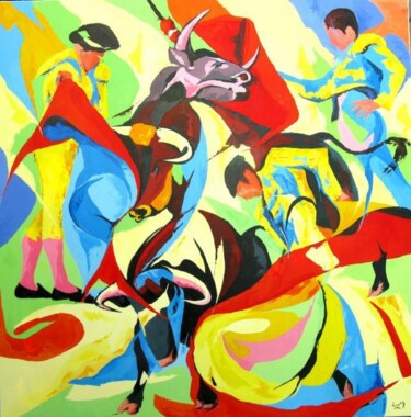Painting titled "Corrida à trois" by Jean-Luc Lopez, Original Artwork, Oil
