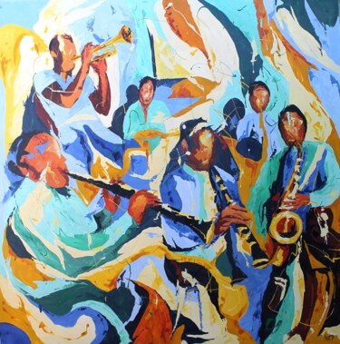 Painting titled "Mouvement de jazz" by Jean-Luc Lopez, Original Artwork, Oil Mounted on Wood Stretcher frame