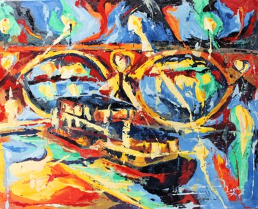 Painting titled "858 Péniche à quai…" by Jean-Luc Lopez, Original Artwork, Oil Mounted on Wood Stretcher frame